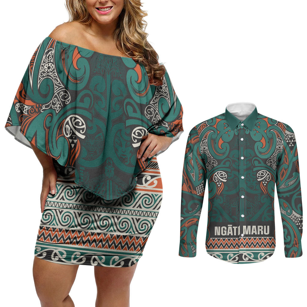 Aotearoa Iwi Ngāti Maru Taranaki Couples Matching Off Shoulder Short Dress and Long Sleeve Button Shirt Maori Wharenui House Tribal Pattern LT9 Deep Teal - Polynesian Pride