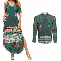 Aotearoa Iwi Ngāti Maru Taranaki Couples Matching Summer Maxi Dress and Long Sleeve Button Shirt Maori Wharenui House Tribal Pattern LT9 Deep Teal - Polynesian Pride