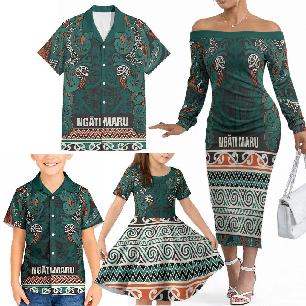 Aotearoa Iwi Ngāti Maru Taranaki Family Matching Off The Shoulder Long Sleeve Dress and Hawaiian Shirt Maori Wharenui House Tribal Pattern LT9 - Polynesian Pride