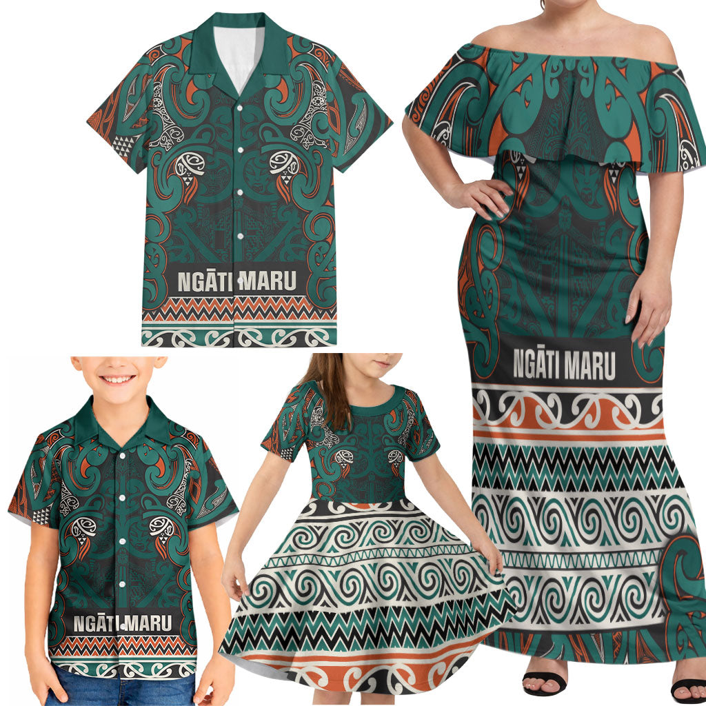Aotearoa Iwi Ngāti Maru Taranaki Family Matching Off Shoulder Maxi Dress and Hawaiian Shirt Maori Wharenui House Tribal Pattern LT9 - Polynesian Pride