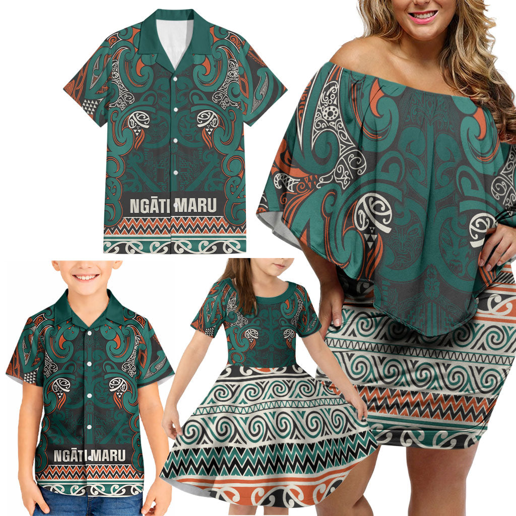 Aotearoa Iwi Ngāti Maru Taranaki Family Matching Off Shoulder Short Dress and Hawaiian Shirt Maori Wharenui House Tribal Pattern LT9 - Polynesian Pride