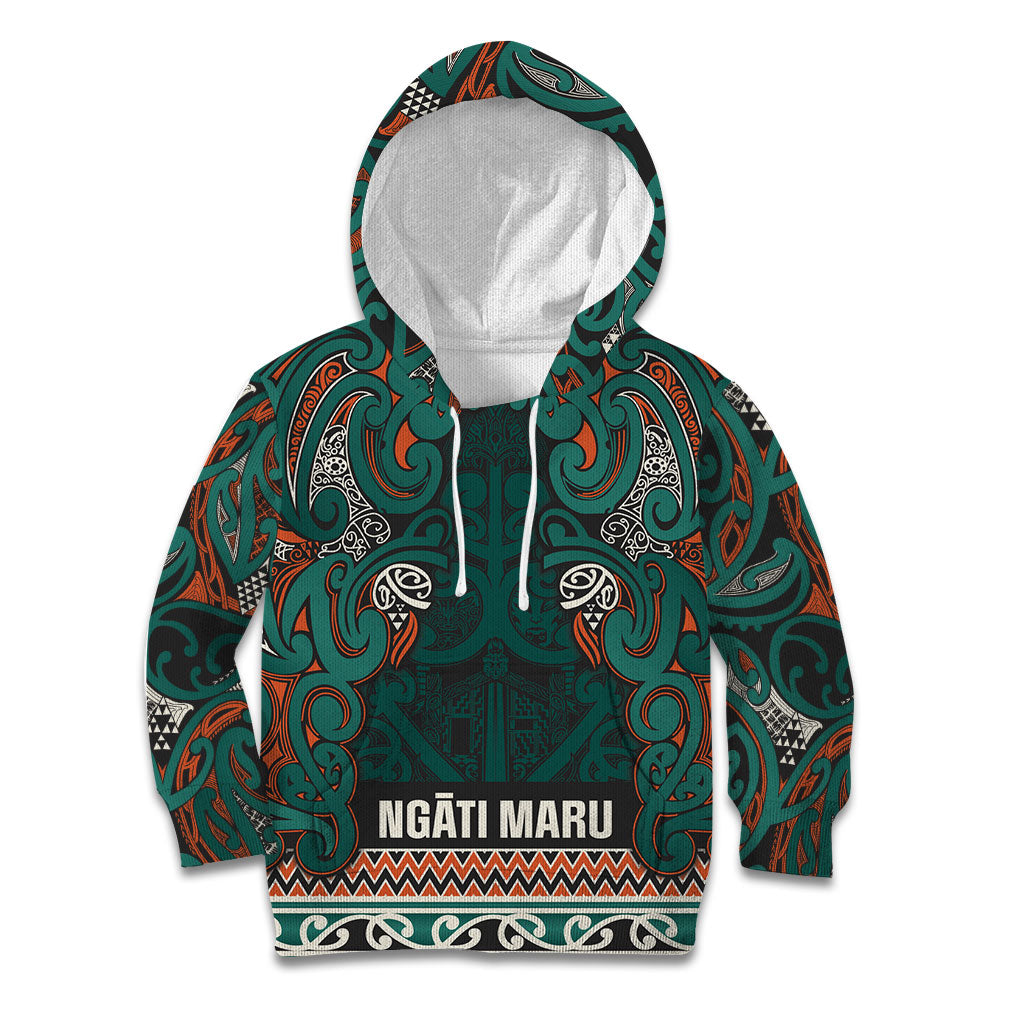 Aotearoa Iwi Ngāti Maru Taranaki Kid Hoodie Maori Wharenui House Tribal Pattern LT9 Hoodie Deep Teal - Polynesian Pride