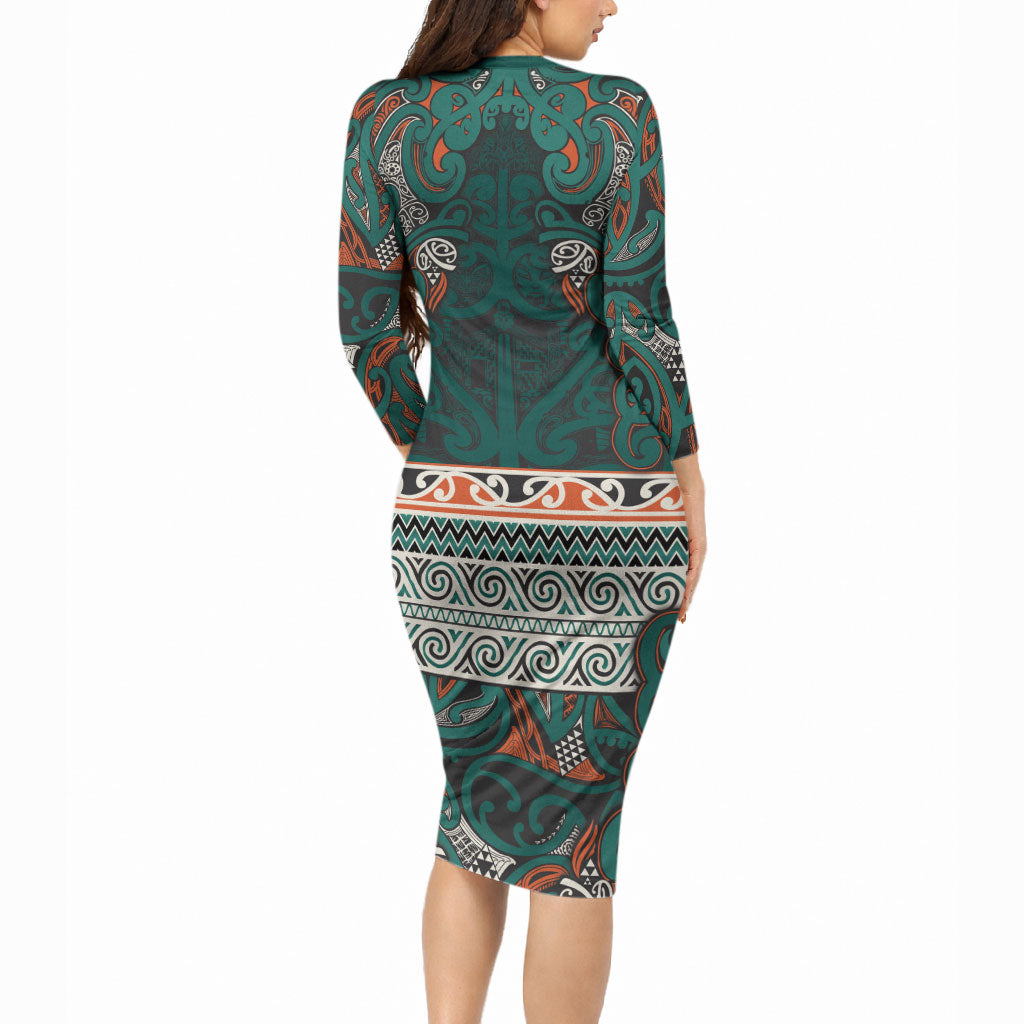 Aotearoa Iwi Ngāti Maru Taranaki Long Sleeve Bodycon Dress Maori Wharenui House Tribal Pattern LT9 - Polynesian Pride