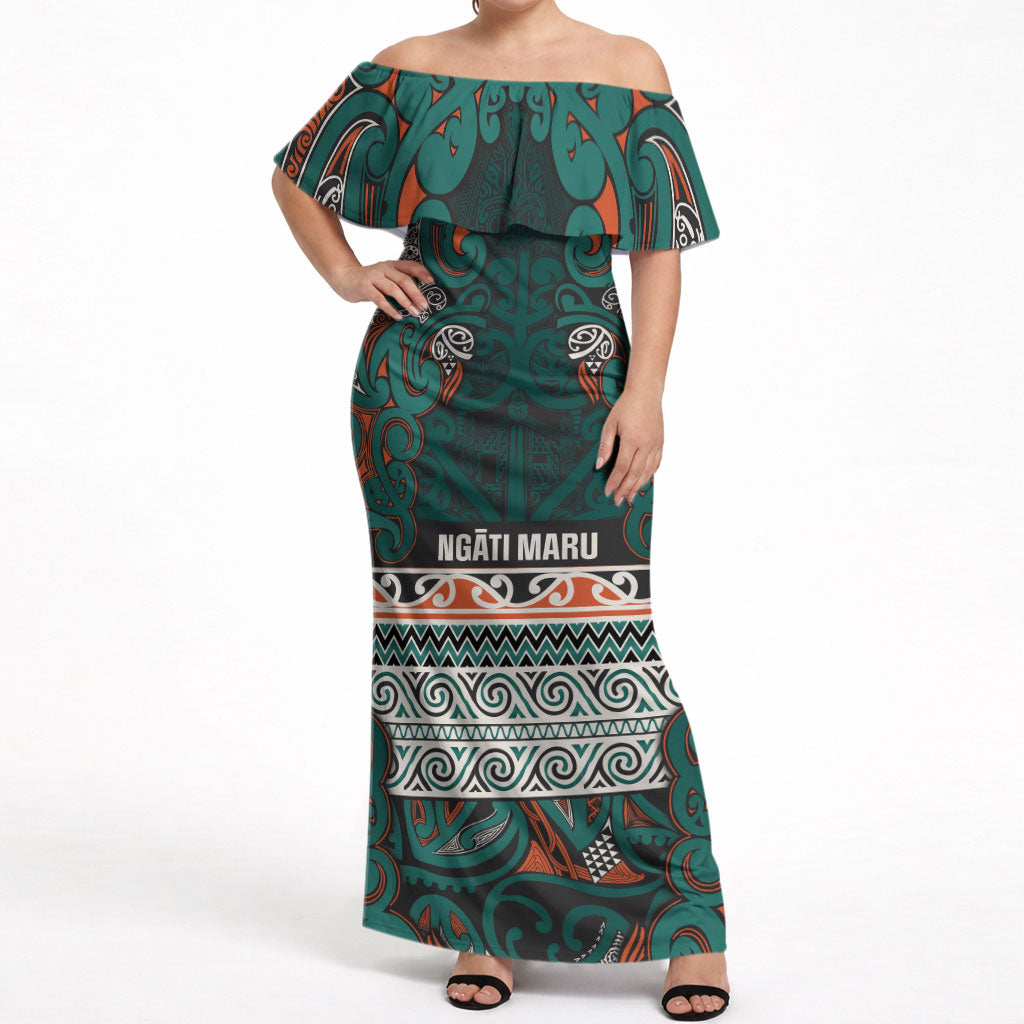 Aotearoa Iwi Ngāti Maru Taranaki Off Shoulder Maxi Dress Maori Wharenui House Tribal Pattern LT9 Women Deep Teal - Polynesian Pride