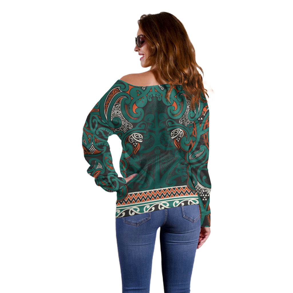 Aotearoa Iwi Ngāti Maru Taranaki Off Shoulder Sweater Maori Wharenui House Tribal Pattern LT9 - Polynesian Pride