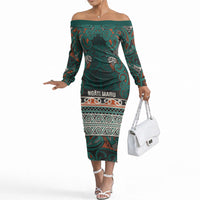 Aotearoa Iwi Ngāti Maru Taranaki Off The Shoulder Long Sleeve Dress Maori Wharenui House Tribal Pattern LT9 Women Deep Teal - Polynesian Pride