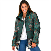 Aotearoa Iwi Ngāti Maru Taranaki Padded Jacket Maori Wharenui House Tribal Pattern LT9 Women Deep Teal - Polynesian Pride