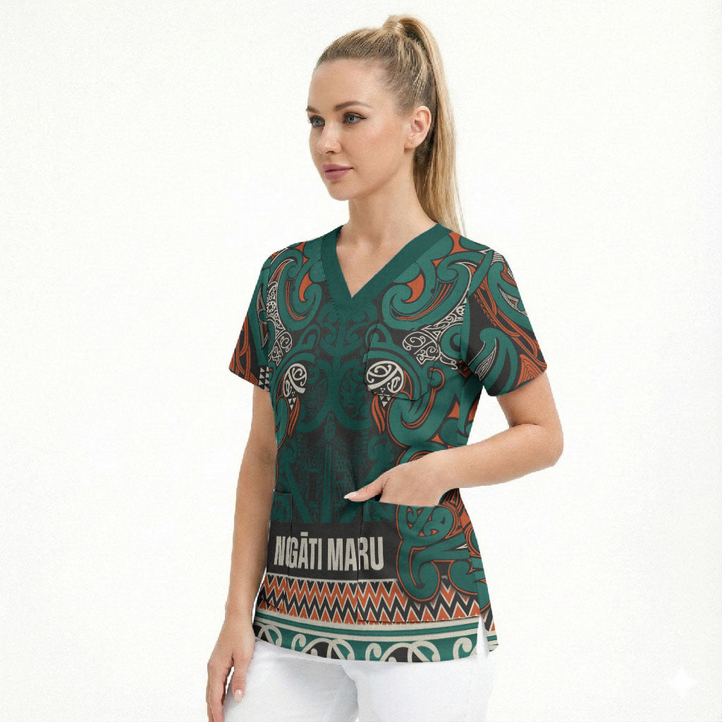Aotearoa Iwi Ngāti Maru Taranaki Scrub Top Maori Wharenui House Tribal Pattern LT9 - Polynesian Pride