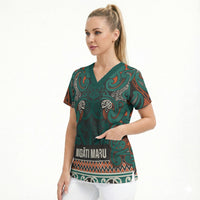Aotearoa Iwi Ngāti Maru Taranaki Scrub Top Maori Wharenui House Tribal Pattern LT9 - Polynesian Pride