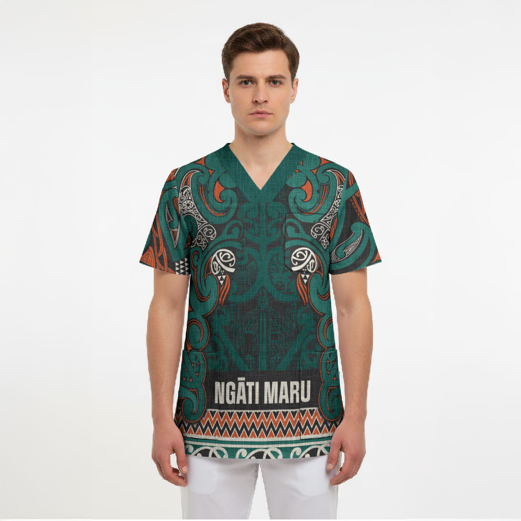 Aotearoa Iwi Ngāti Maru Taranaki Scrub Top Maori Wharenui House Tribal Pattern LT9 - Polynesian Pride