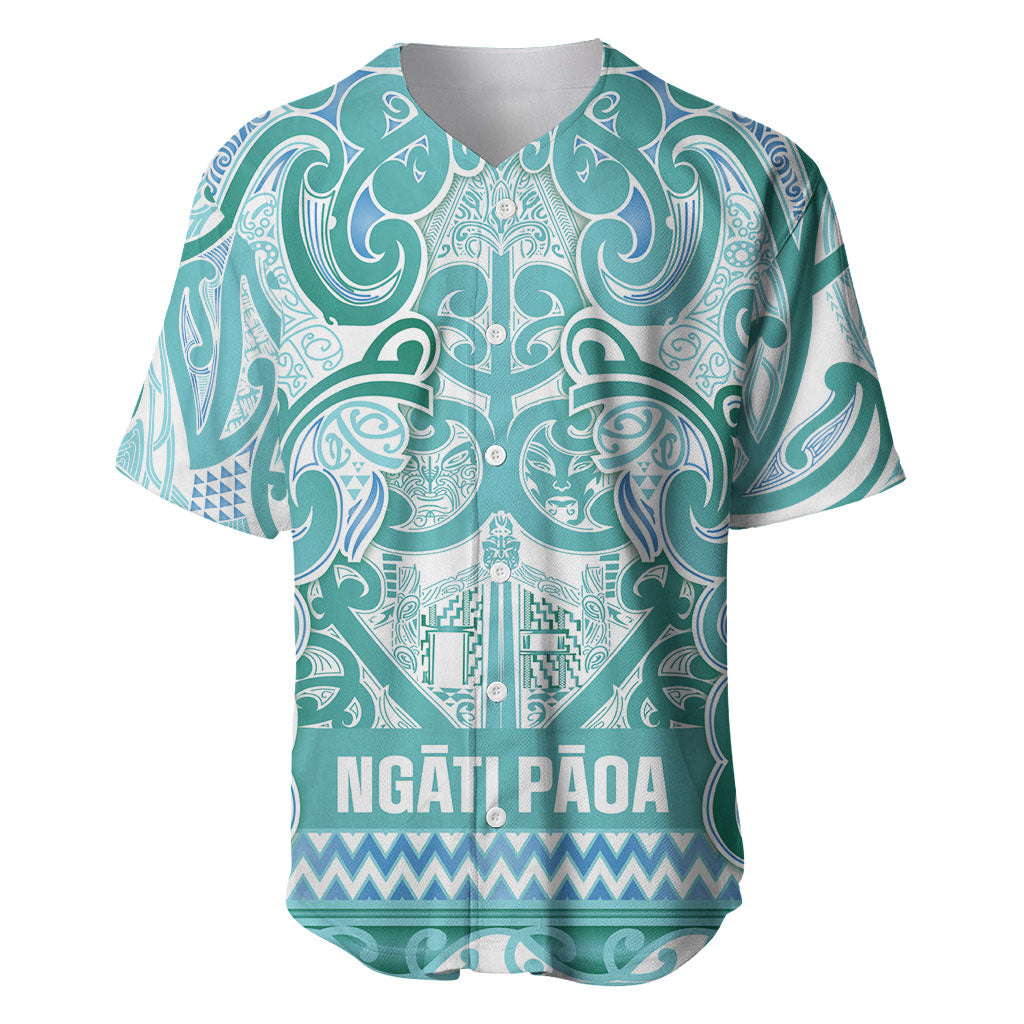 Aotearoa Iwi Ngati Paoa Baseball Jersey Maori Wharenui House Tribal Pattern LT9 Turquoise - Polynesian Pride