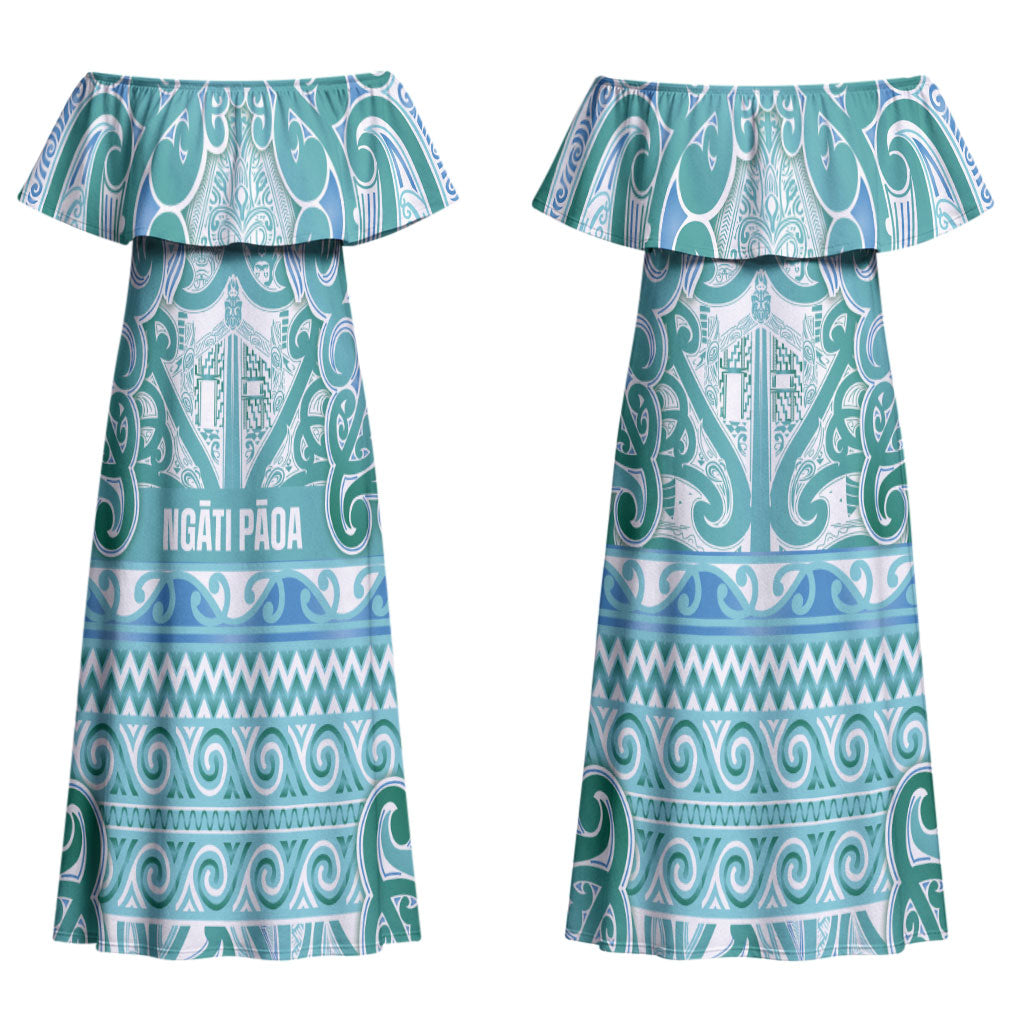 Aotearoa Iwi Ngati Paoa Couples Matching Off Shoulder Maxi Dress and Long Sleeve Button Shirt Maori Wharenui House Tribal Pattern LT9 - Polynesian Pride