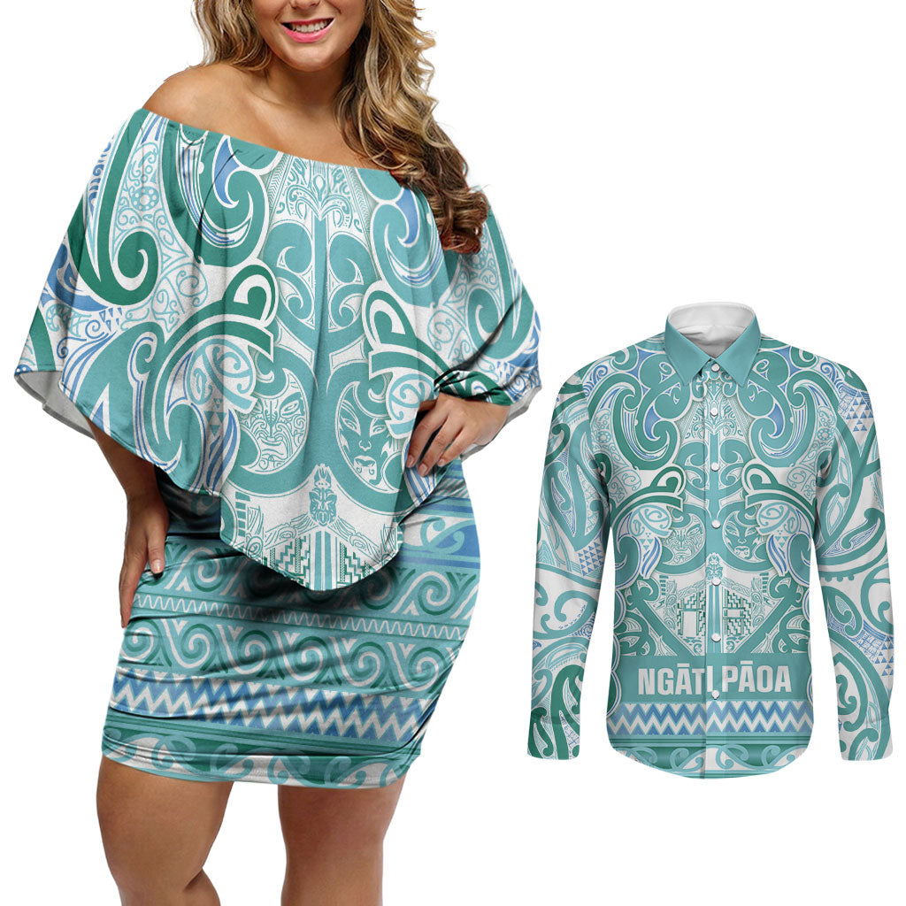 Aotearoa Iwi Ngati Paoa Couples Matching Off Shoulder Short Dress and Long Sleeve Button Shirt Maori Wharenui House Tribal Pattern LT9 Turquoise - Polynesian Pride