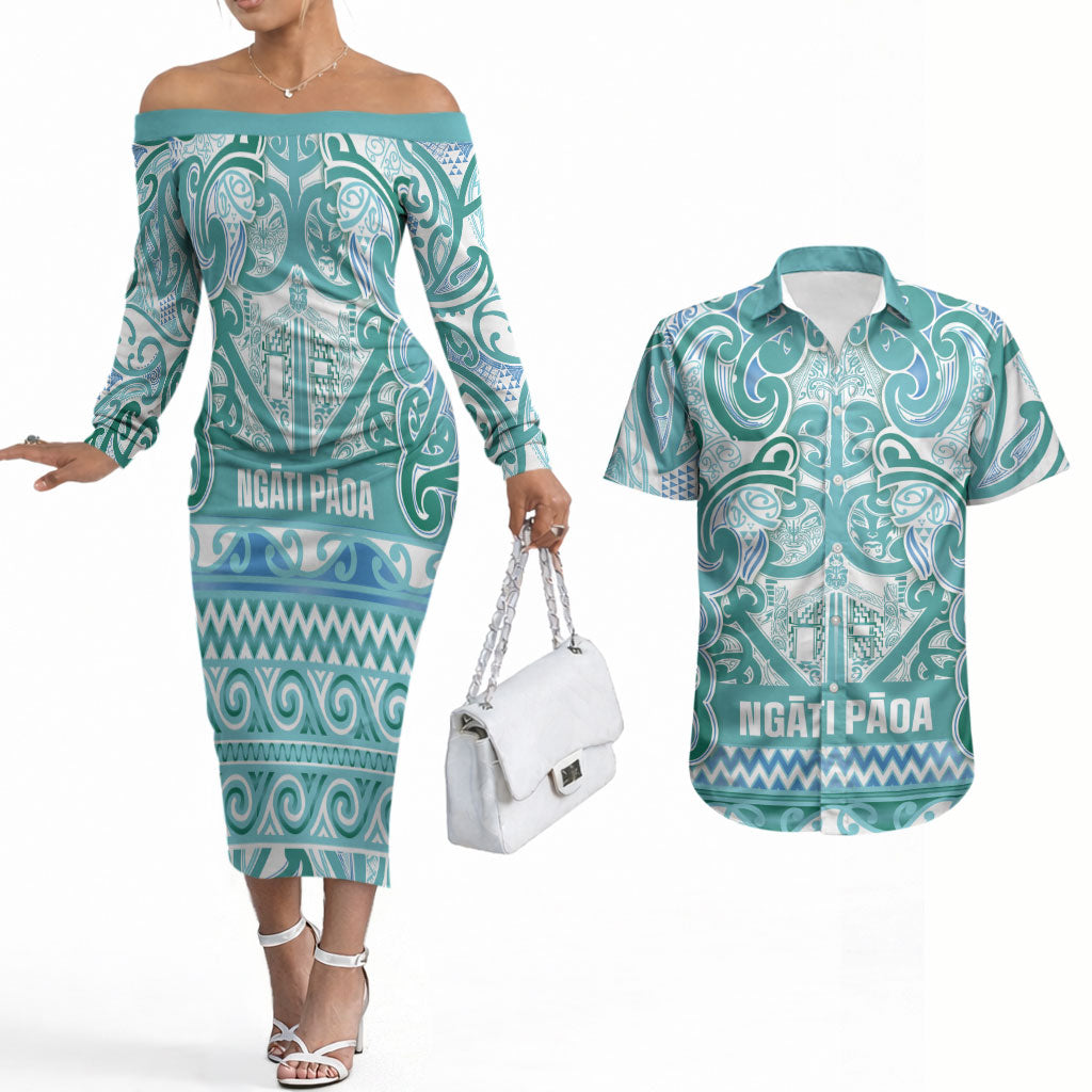 Aotearoa Iwi Ngati Paoa Couples Matching Off The Shoulder Long Sleeve Dress and Hawaiian Shirt Maori Wharenui House Tribal Pattern LT9 Turquoise - Polynesian Pride