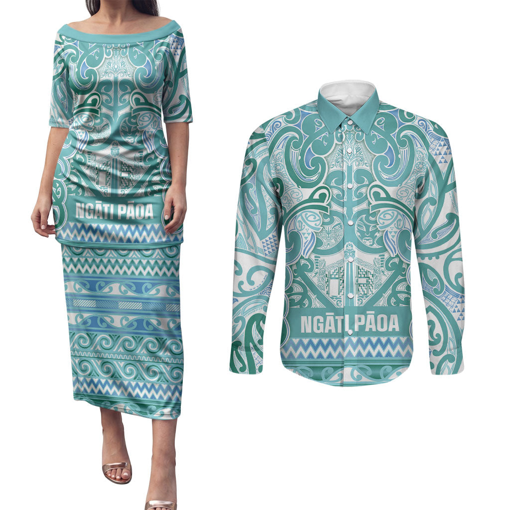 Aotearoa Iwi Ngati Paoa Couples Matching Puletasi and Long Sleeve Button Shirt Maori Wharenui House Tribal Pattern LT9 Turquoise - Polynesian Pride