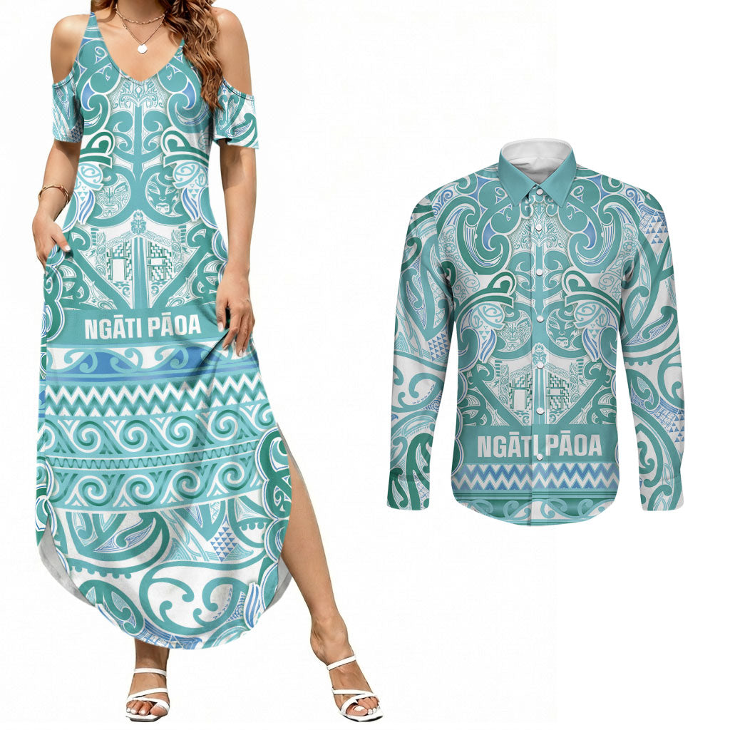 Aotearoa Iwi Ngati Paoa Couples Matching Summer Maxi Dress and Long Sleeve Button Shirt Maori Wharenui House Tribal Pattern LT9 Turquoise - Polynesian Pride
