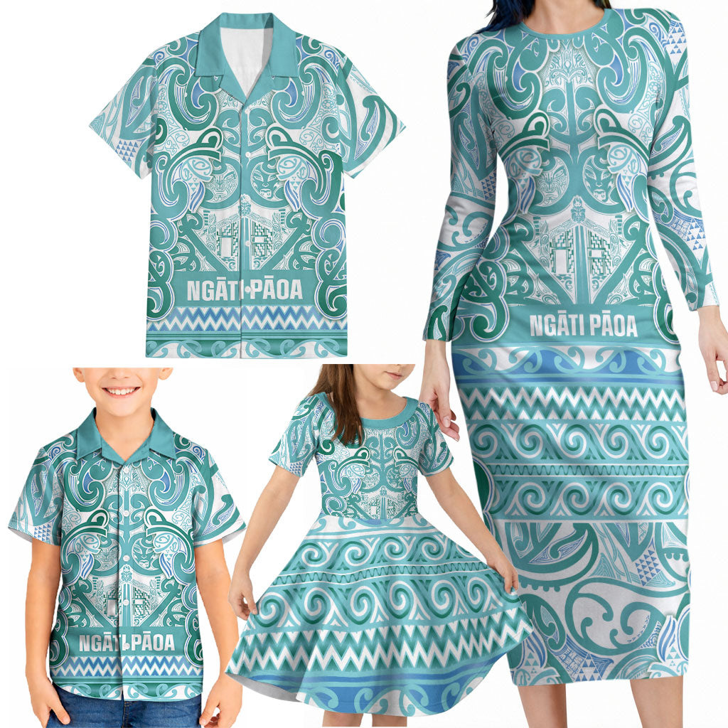 Aotearoa Iwi Ngati Paoa Family Matching Long Sleeve Bodycon Dress and Hawaiian Shirt Maori Wharenui House Tribal Pattern LT9 - Polynesian Pride