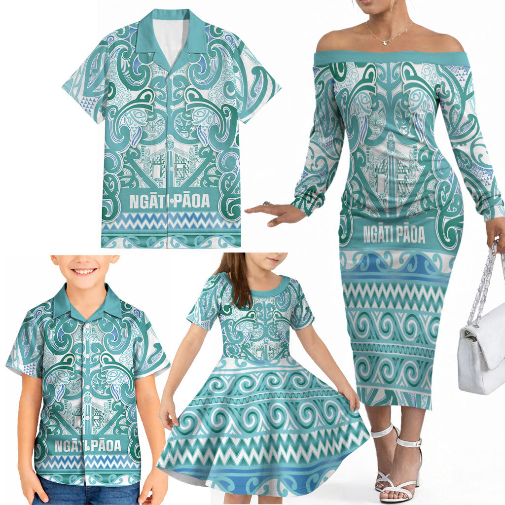 Aotearoa Iwi Ngati Paoa Family Matching Off The Shoulder Long Sleeve Dress and Hawaiian Shirt Maori Wharenui House Tribal Pattern LT9 - Polynesian Pride