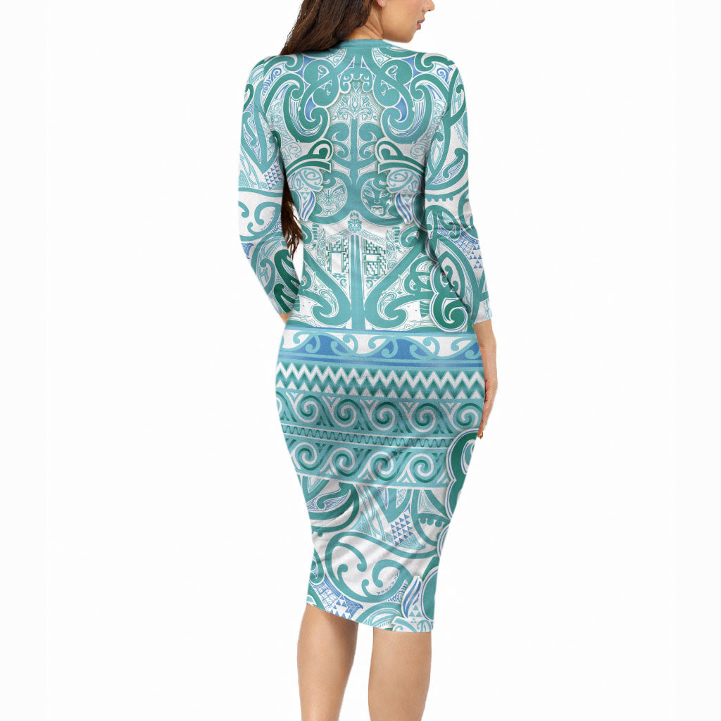 Aotearoa Iwi Ngati Paoa Long Sleeve Bodycon Dress Maori Wharenui House Tribal Pattern LT9 - Polynesian Pride