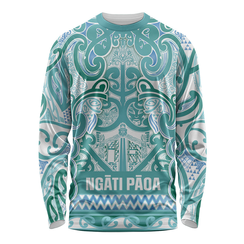 Aotearoa Iwi Ngati Paoa Long Sleeve Shirt Maori Wharenui House Tribal Pattern LT9 Unisex Turquoise - Polynesian Pride