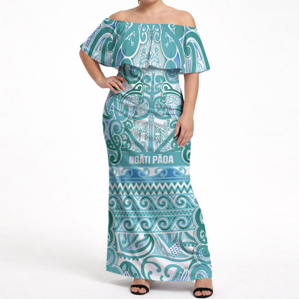 Aotearoa Iwi Ngati Paoa Off Shoulder Maxi Dress Maori Wharenui House Tribal Pattern LT9 Women Turquoise - Polynesian Pride