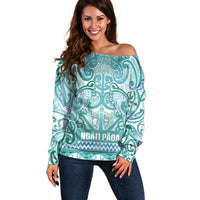 Aotearoa Iwi Ngati Paoa Off Shoulder Sweater Maori Wharenui House Tribal Pattern LT9 Women Turquoise - Polynesian Pride