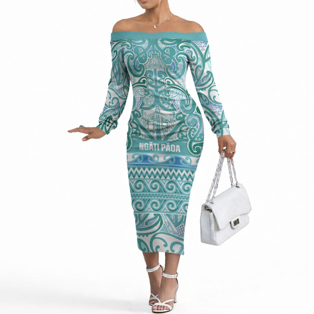 Aotearoa Iwi Ngati Paoa Off The Shoulder Long Sleeve Dress Maori Wharenui House Tribal Pattern LT9 Women Turquoise - Polynesian Pride