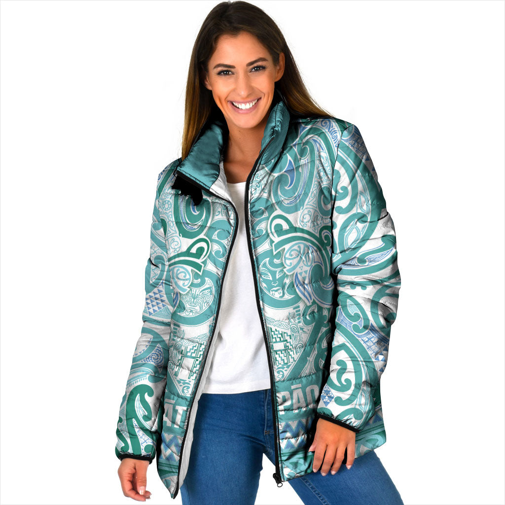 Aotearoa Iwi Ngati Paoa Padded Jacket Maori Wharenui House Tribal Pattern LT9 Women Turquoise - Polynesian Pride
