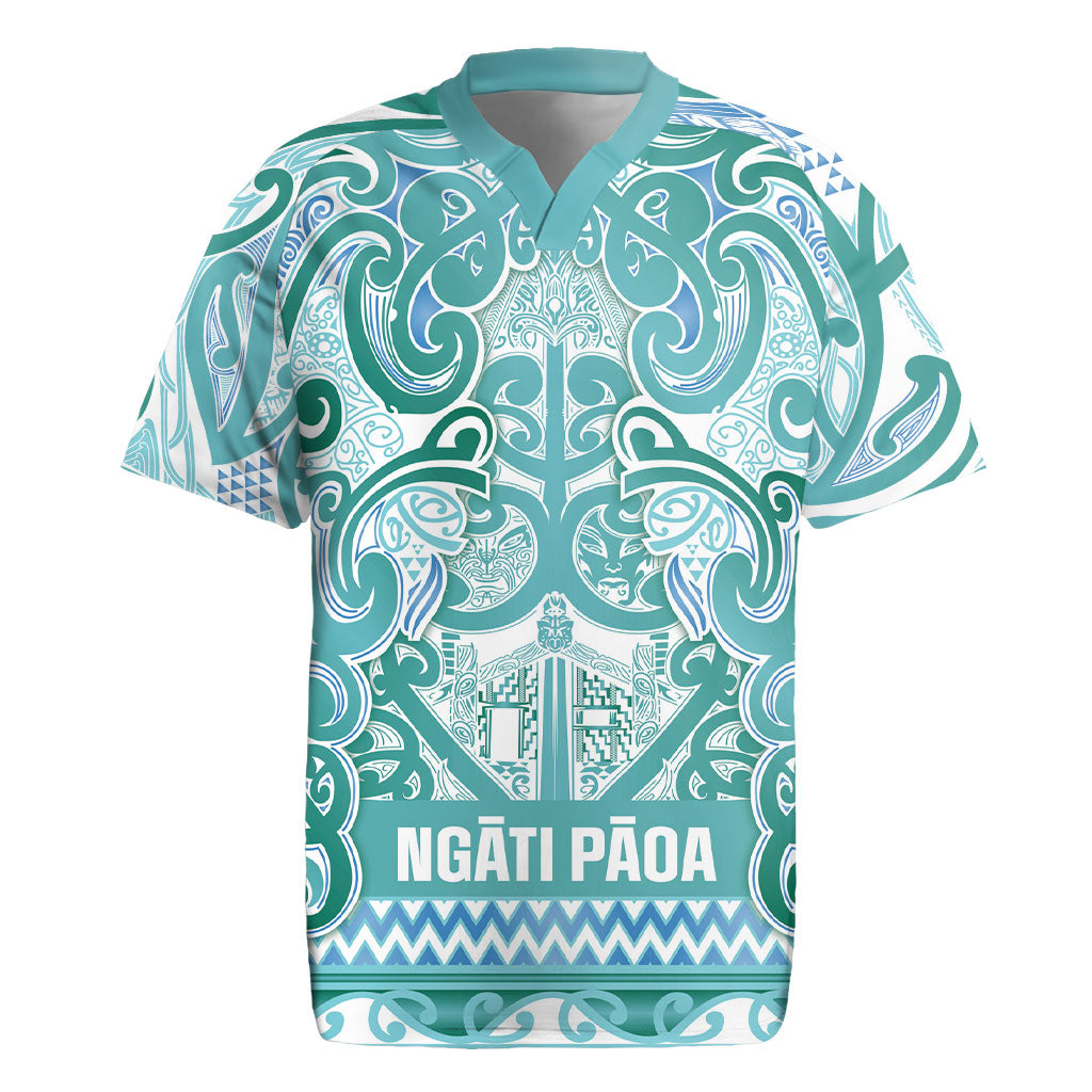 Aotearoa Iwi Ngati Paoa Rugby Jersey Maori Wharenui House Tribal Pattern LT9 Turquoise - Polynesian Pride