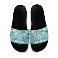 Aotearoa Iwi Ngati Paoa Slide Sandals Maori Wharenui House Tribal Pattern LT9 Turquoise - Polynesian Pride