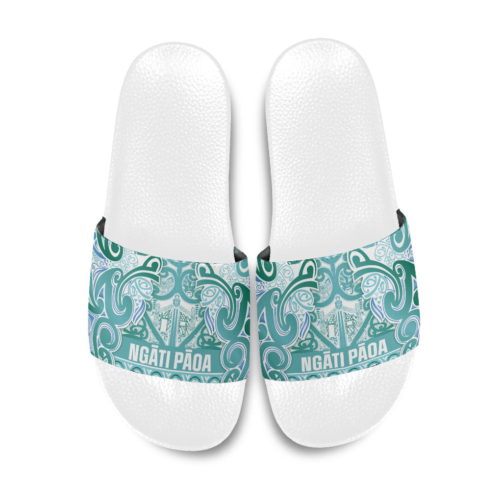 Aotearoa Iwi Ngati Paoa Slide Sandals Maori Wharenui House Tribal Pattern LT9 Turquoise - Polynesian Pride