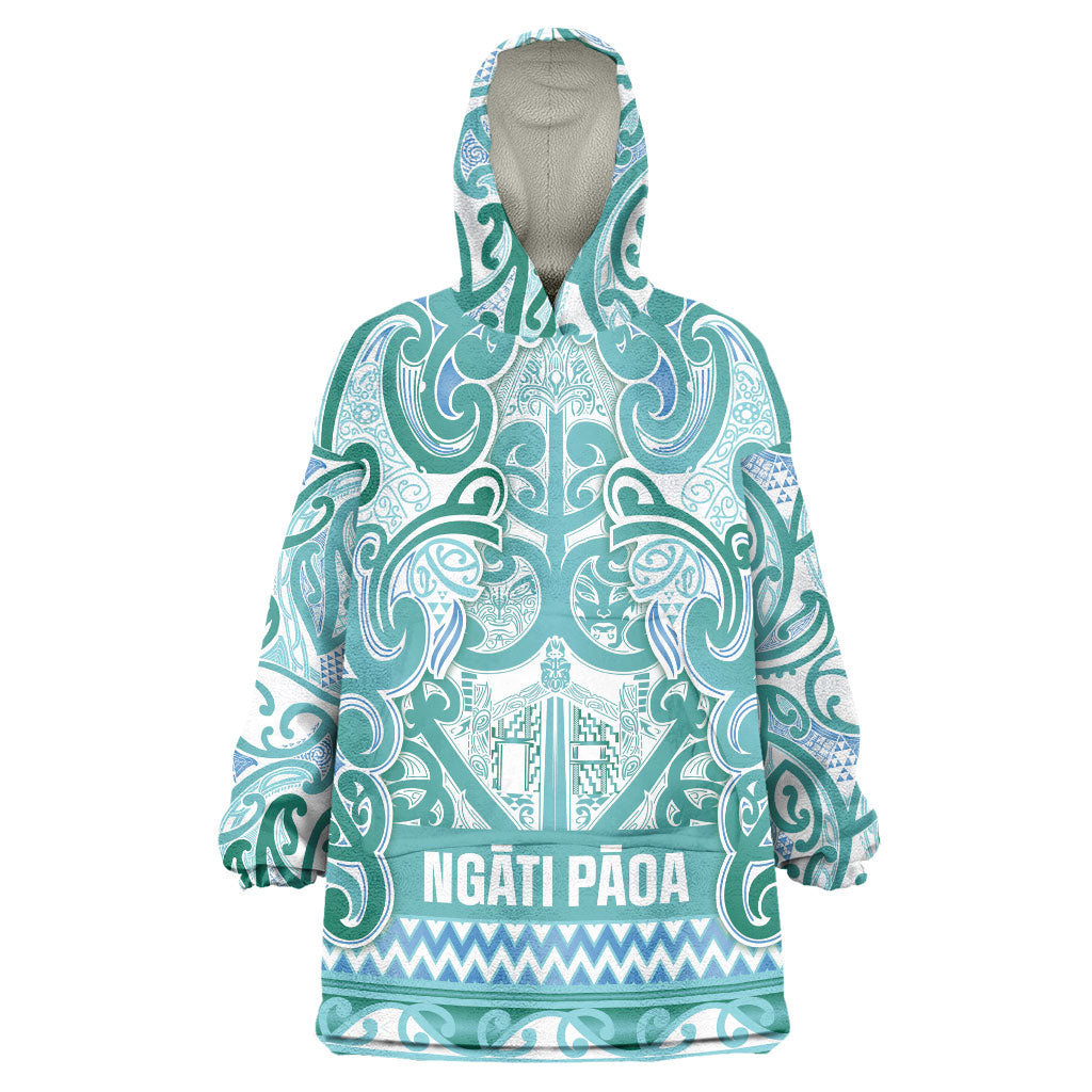 Aotearoa Iwi Ngati Paoa Wearable Blanket Hoodie Maori Wharenui House Tribal Pattern LT9 One Size Turquoise - Polynesian Pride