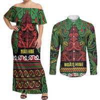 Aotearoa Iwi Ngati Hine Couples Matching Off Shoulder Maxi Dress and Long Sleeve Button Shirt Maori Wharenui House Tribal Pattern LT9 Deep Green - Polynesian Pride