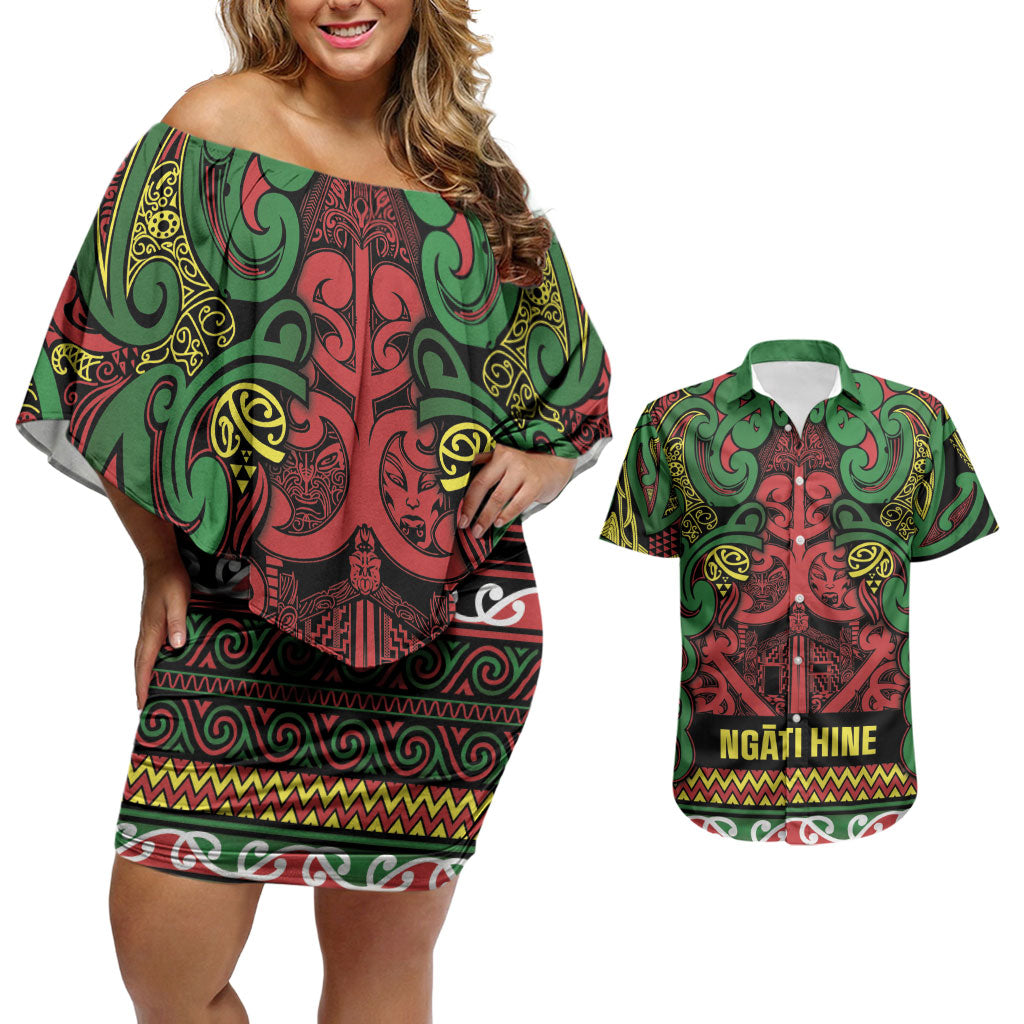 Aotearoa Iwi Ngati Hine Couples Matching Off Shoulder Short Dress and Hawaiian Shirt Maori Wharenui House Tribal Pattern LT9 Deep Green - Polynesian Pride
