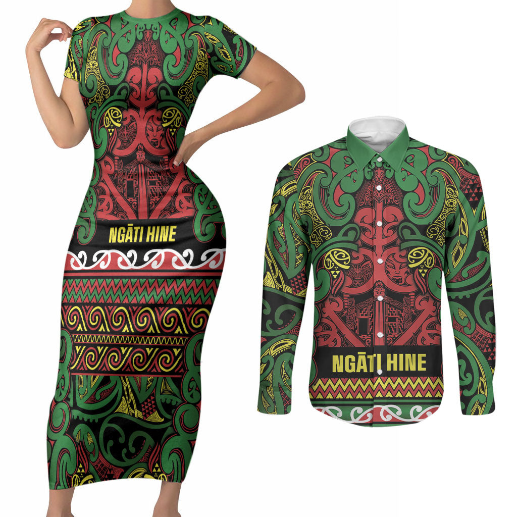 Aotearoa Iwi Ngati Hine Couples Matching Short Sleeve Bodycon Dress and Long Sleeve Button Shirt Maori Wharenui House Tribal Pattern LT9 Deep Green - Polynesian Pride