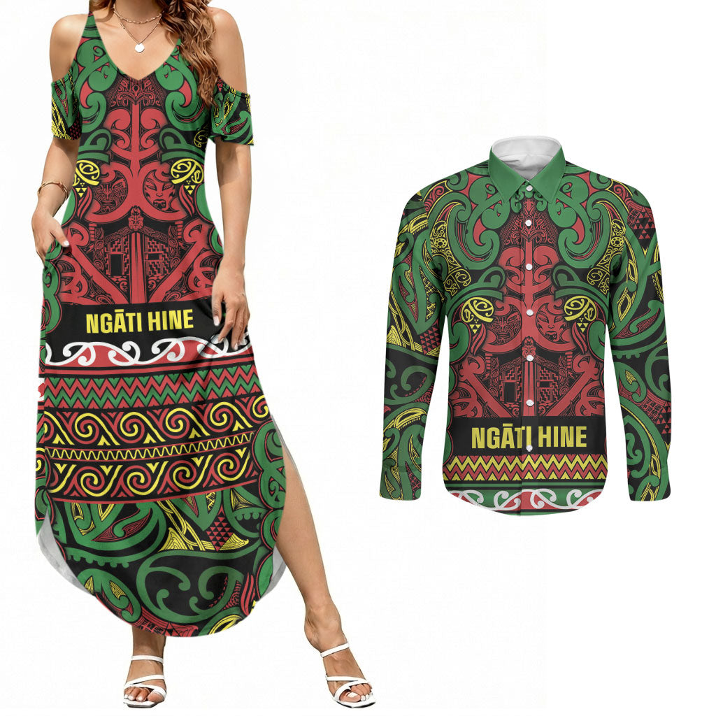 Aotearoa Iwi Ngati Hine Couples Matching Summer Maxi Dress and Long Sleeve Button Shirt Maori Wharenui House Tribal Pattern LT9 Deep Green - Polynesian Pride