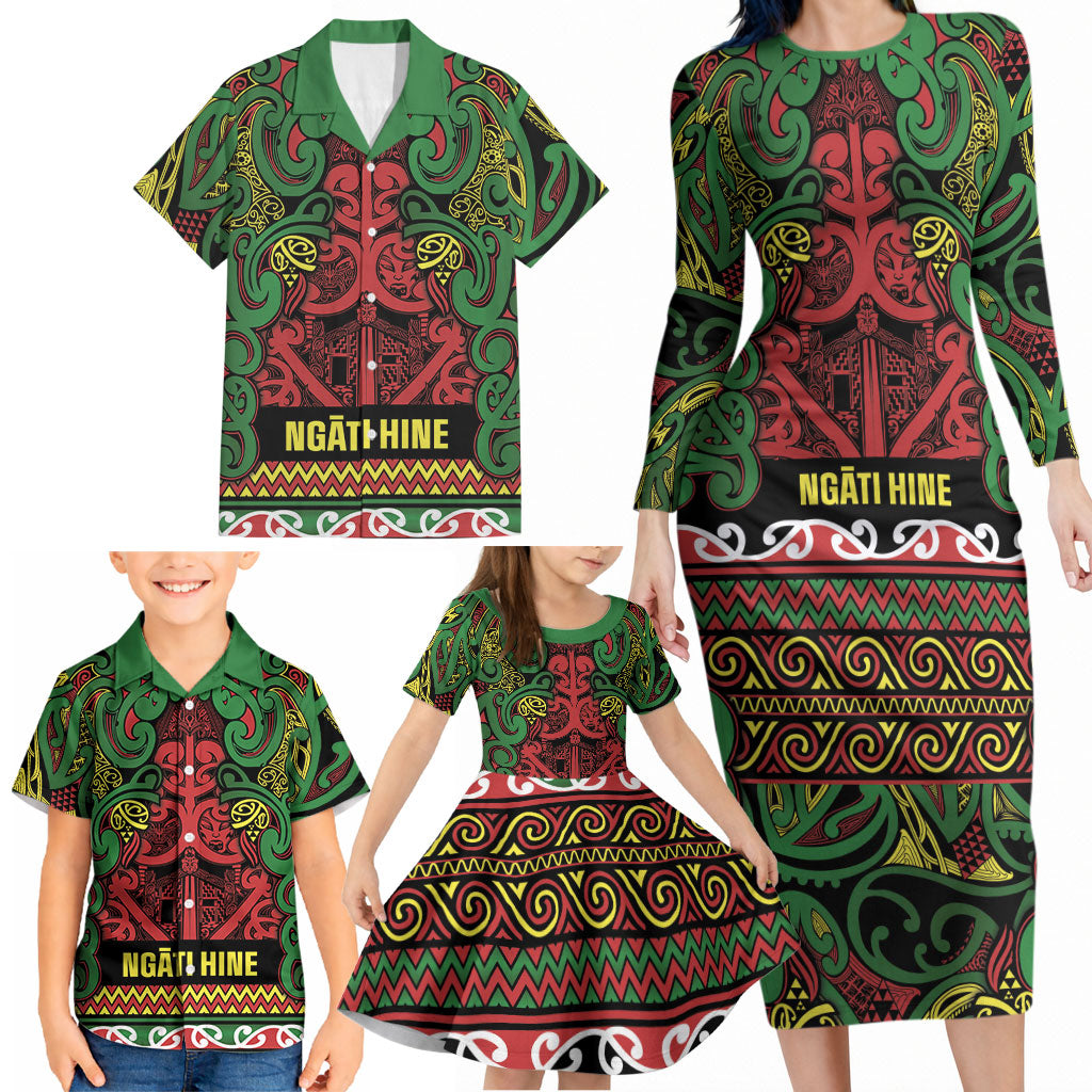 Aotearoa Iwi Ngati Hine Family Matching Long Sleeve Bodycon Dress and Hawaiian Shirt Maori Wharenui House Tribal Pattern LT9 - Polynesian Pride