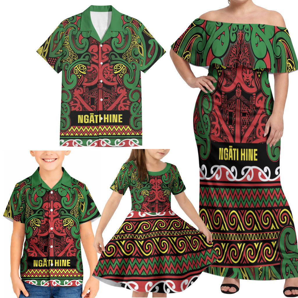 Aotearoa Iwi Ngati Hine Family Matching Off Shoulder Maxi Dress and Hawaiian Shirt Maori Wharenui House Tribal Pattern LT9 - Polynesian Pride
