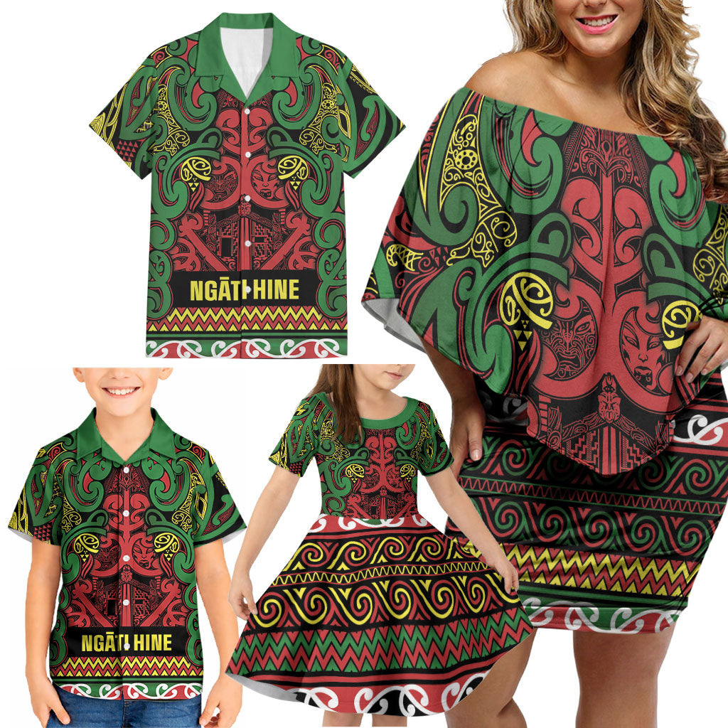 Aotearoa Iwi Ngati Hine Family Matching Off Shoulder Short Dress and Hawaiian Shirt Maori Wharenui House Tribal Pattern LT9 - Polynesian Pride