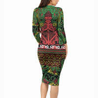 Aotearoa Iwi Ngati Hine Long Sleeve Bodycon Dress Maori Wharenui House Tribal Pattern LT9 - Polynesian Pride