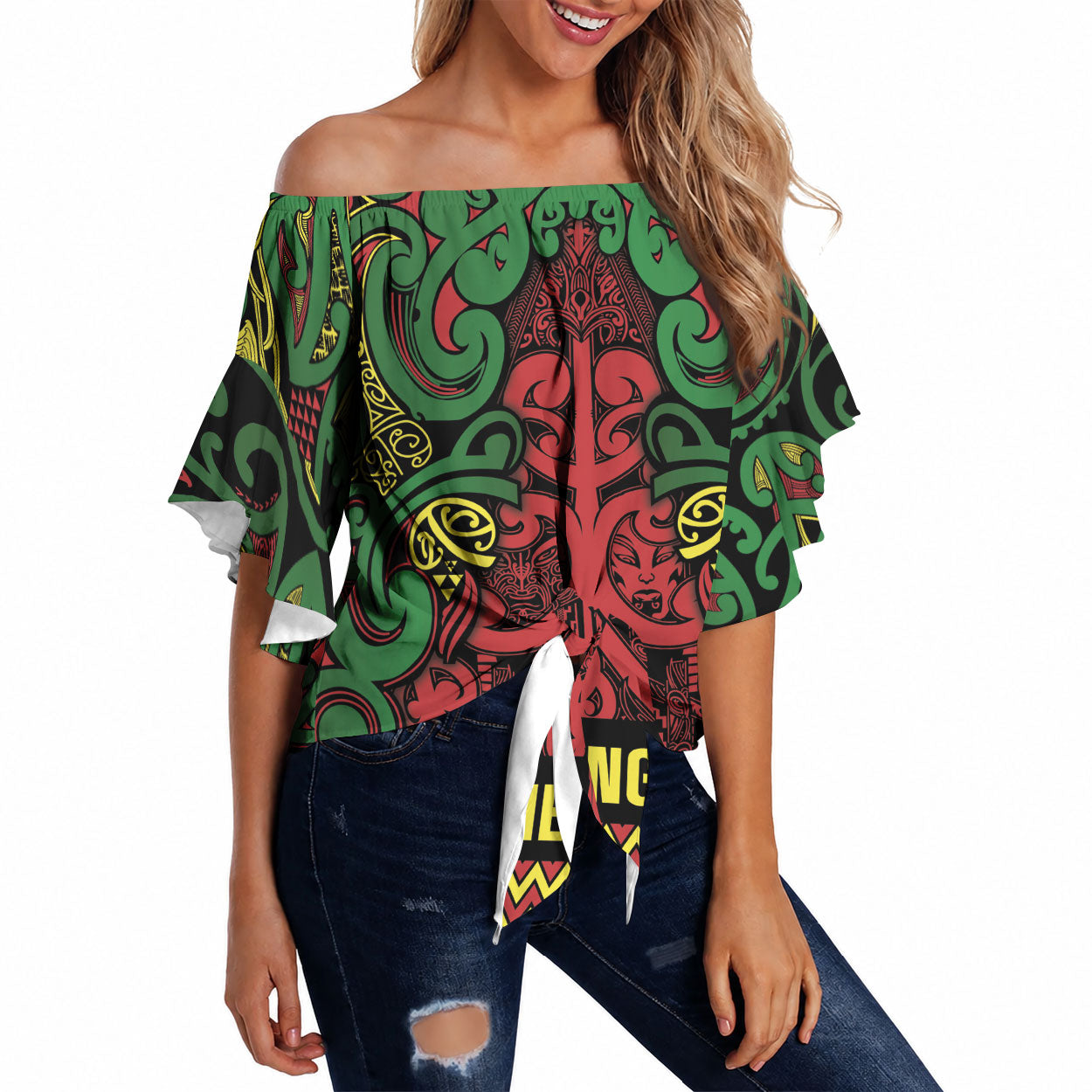 Aotearoa Iwi Ngati Hine Off Shoulder Wrap Waist Top Maori Wharenui House Tribal Pattern LT9 Deep Green - Polynesian Pride