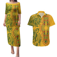 Africa Dashiki Couples Matching Puletasi Dress and Hawaiian Shirt African Tribal Art Mixed Polynesian Tattoo Gold Color Unique LT9 Gold - Polynesian Pride