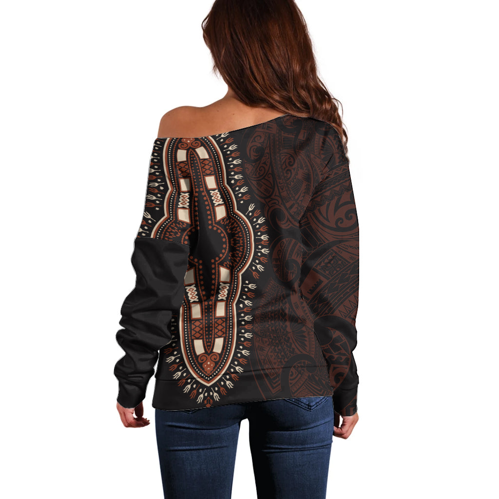 Africa Dashiki Off Shoulder Sweater African Tribal Art Mixed Polynesian Tattoo Red Color Unique LT9 - Polynesian Pride