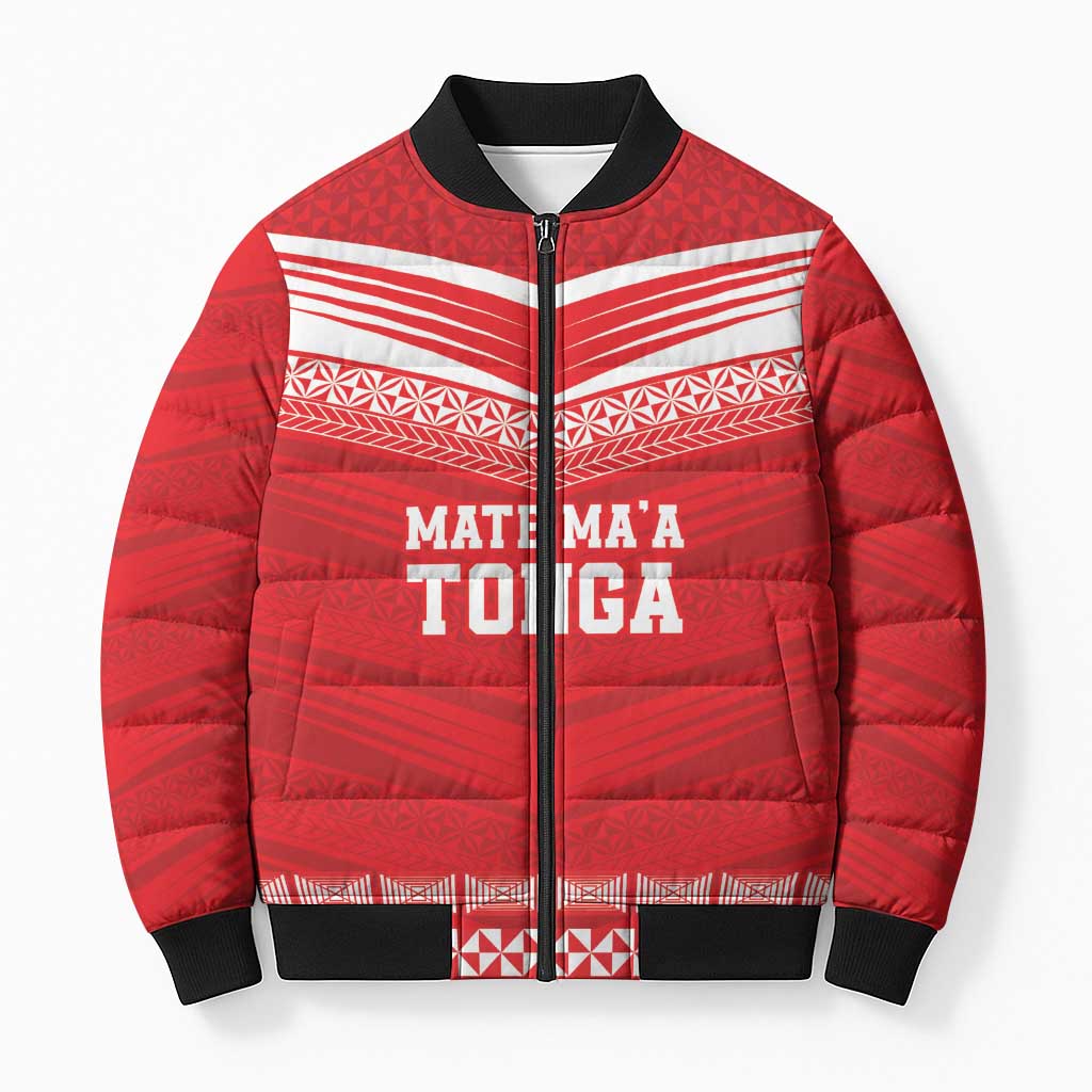 Custom Mate Ma'a Tonga Heritage Bomber Puffer Jacket Pacific Tribal Rugby Red Edition - Polynesian Pride
