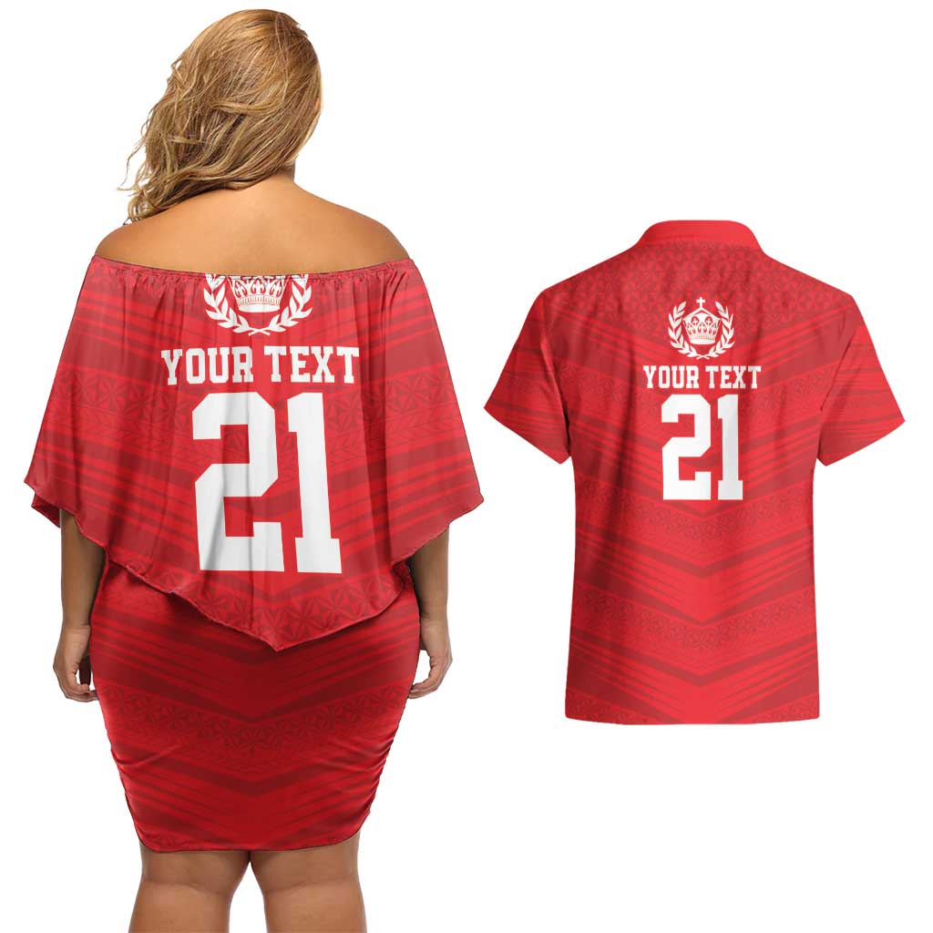 Custom Mate Ma'a Tonga Heritage Couples Matching Off Shoulder Short Dress and Hawaiian Shirt Pacific Tribal Rugby Red Edition - Polynesian Pride