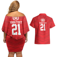 Custom Mate Ma'a Tonga Heritage Couples Matching Off Shoulder Short Dress and Hawaiian Shirt Pacific Tribal Rugby Red Edition - Polynesian Pride
