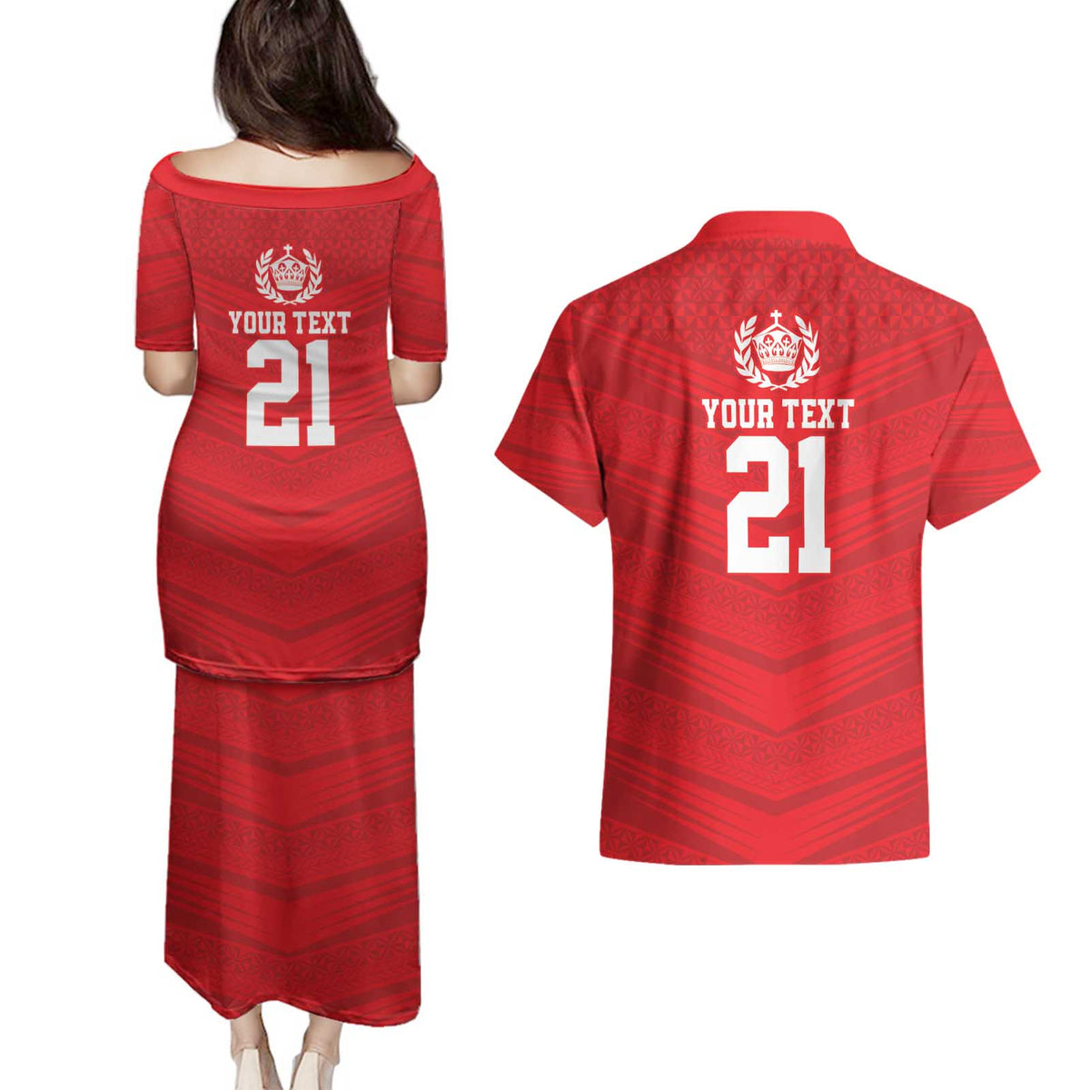 Custom Mate Ma'a Tonga Heritage Couples Matching Puletasi and Hawaiian Shirt Pacific Tribal Rugby Red Edition - Polynesian Pride