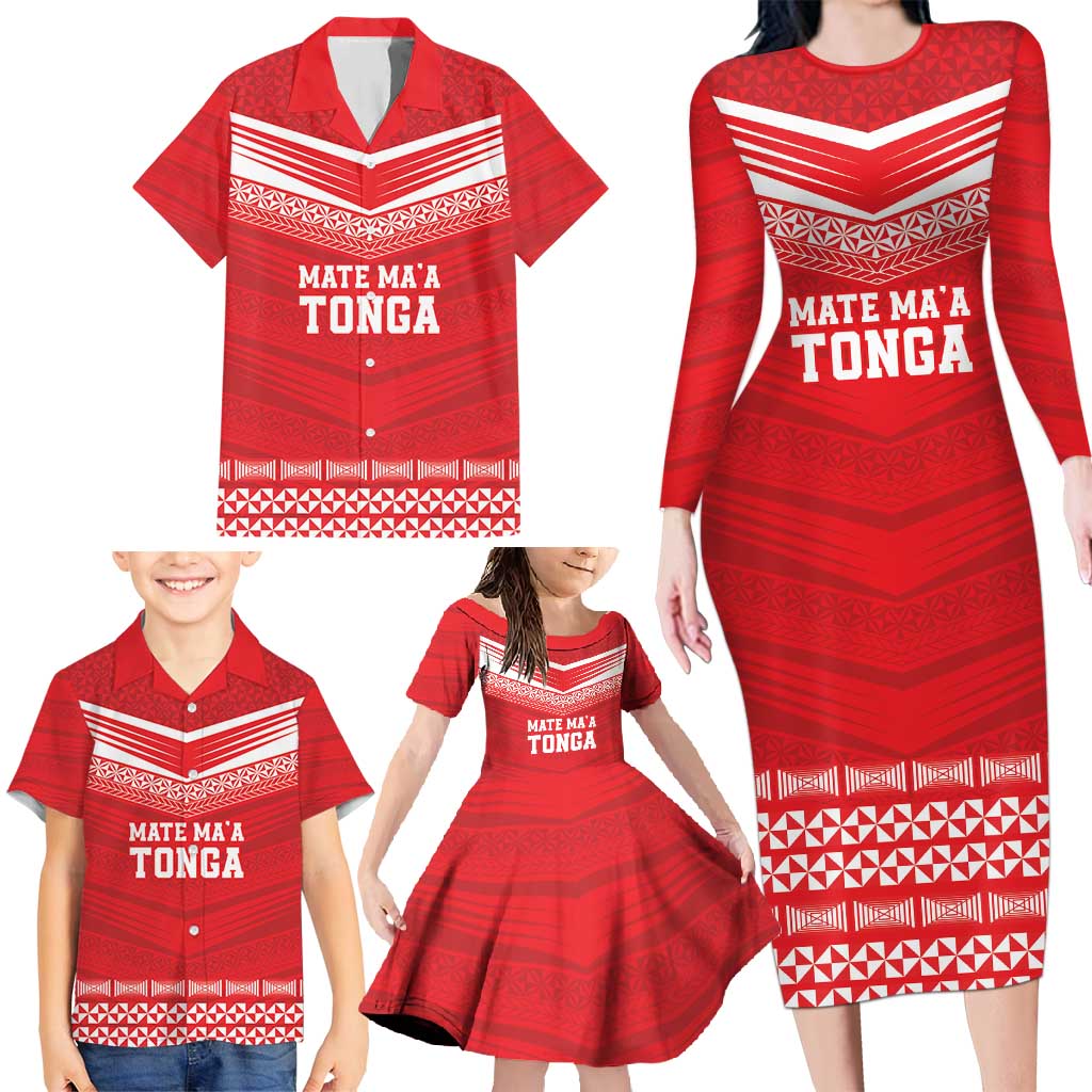Custom Mate Ma'a Tonga Heritage Family Matching Long Sleeve Bodycon Dress and Hawaiian Shirt Pacific Tribal Rugby Red Edition LT9 - Polynesian Pride