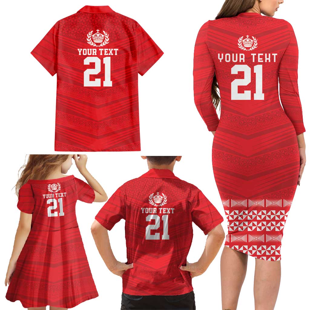 Custom Mate Ma'a Tonga Heritage Family Matching Long Sleeve Bodycon Dress and Hawaiian Shirt Pacific Tribal Rugby Red Edition LT9 - Polynesian Pride