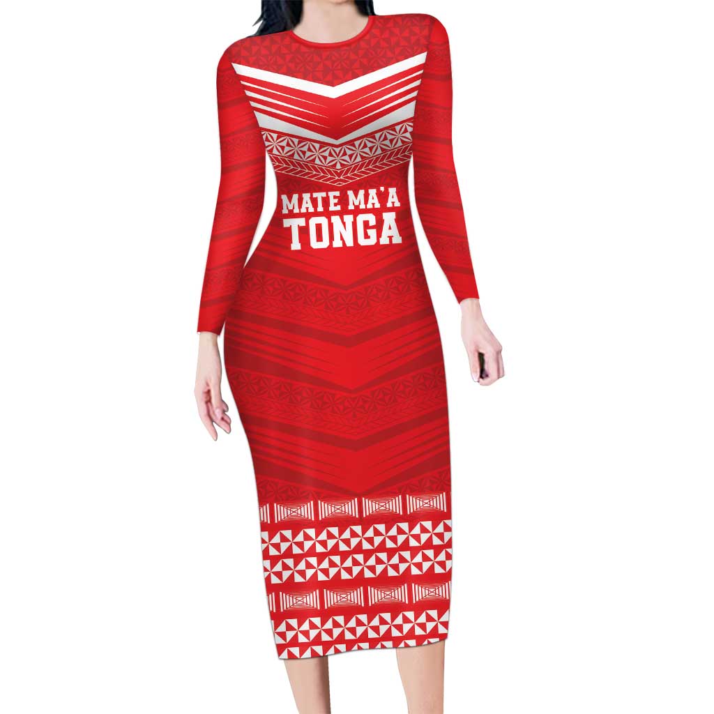 Custom Mate Ma'a Tonga Heritage Family Matching Long Sleeve Bodycon Dress and Hawaiian Shirt Pacific Tribal Rugby Red Edition LT9 Mom's Dress Red - Polynesian Pride